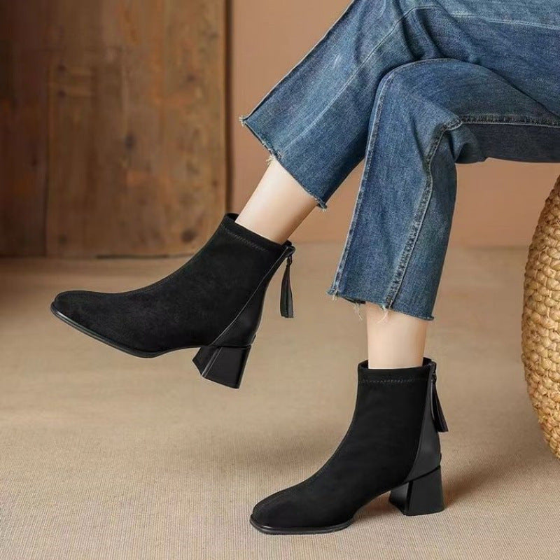 Bottes en Daim Style Français à Talons Épais  – Le Must-Have !